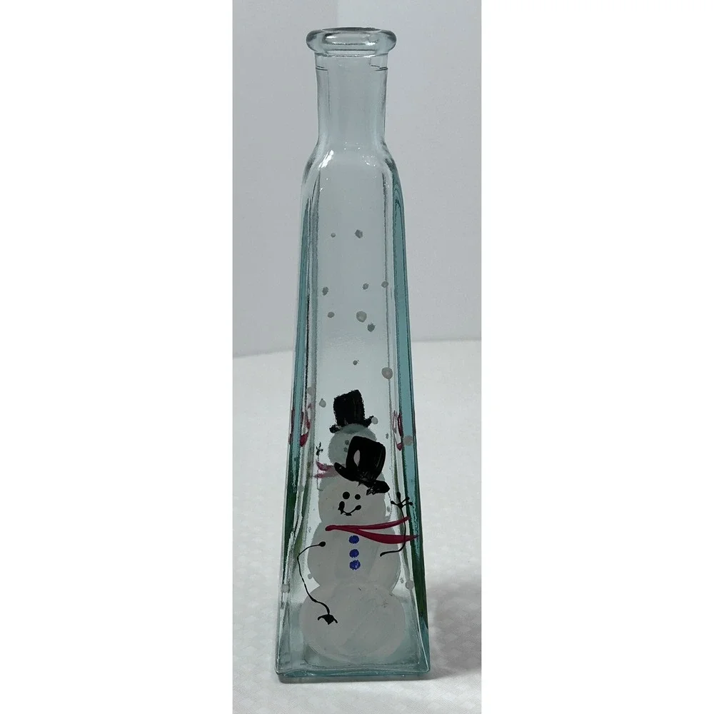 Clear Hand Painted Snowman & Christmas Tree Flower Bud Vase Bottle